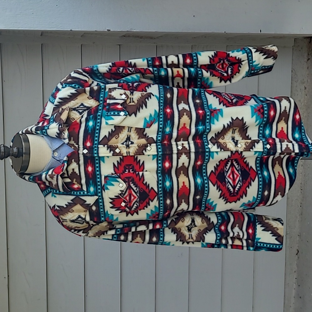 ROCKMOUNT Ranch Wear Western USA‎ Snap Beige Aztec Fleece Sz L Long Sleeve Shirt